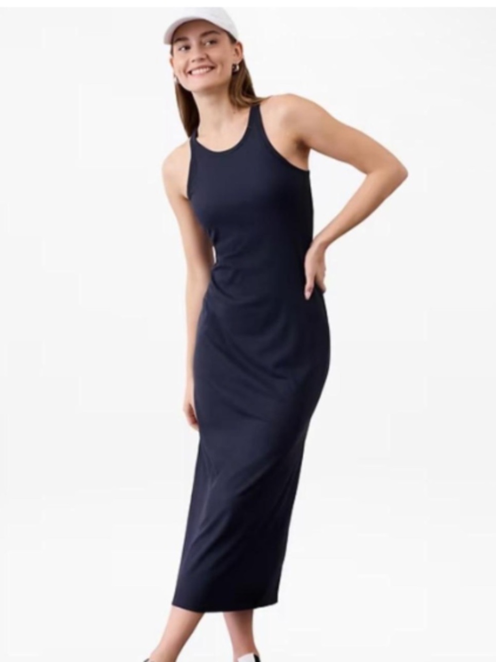 Athleta Signature Ribbed Maxi Sheath Minimalist Dress in Navy Blue Size XS